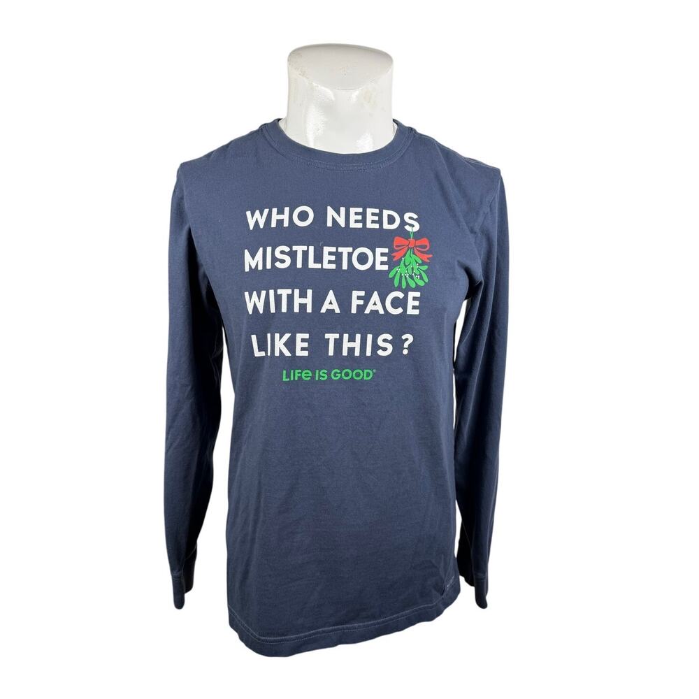 Life Is Good Men's T-Shirt Medium Blue Misteltoe Face Like This Long Sleeve